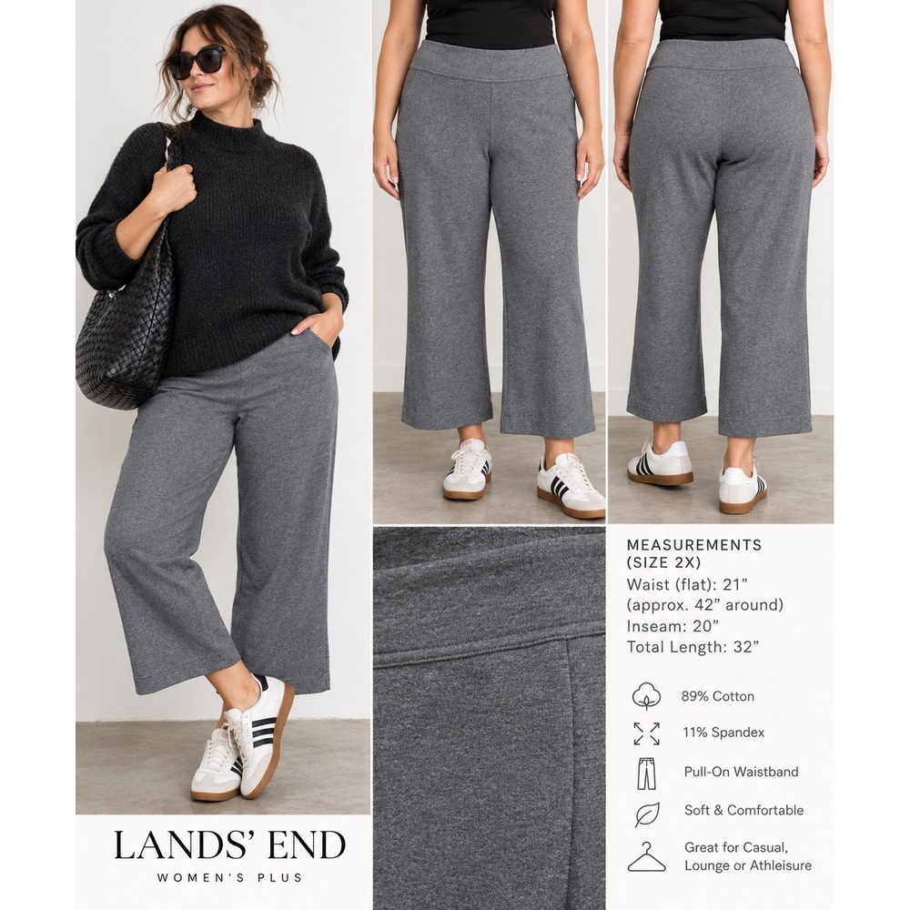 Lands End Starfish Pants 2X 20W 22W Gray Crop Stretch Pull On Cotton Athleisure